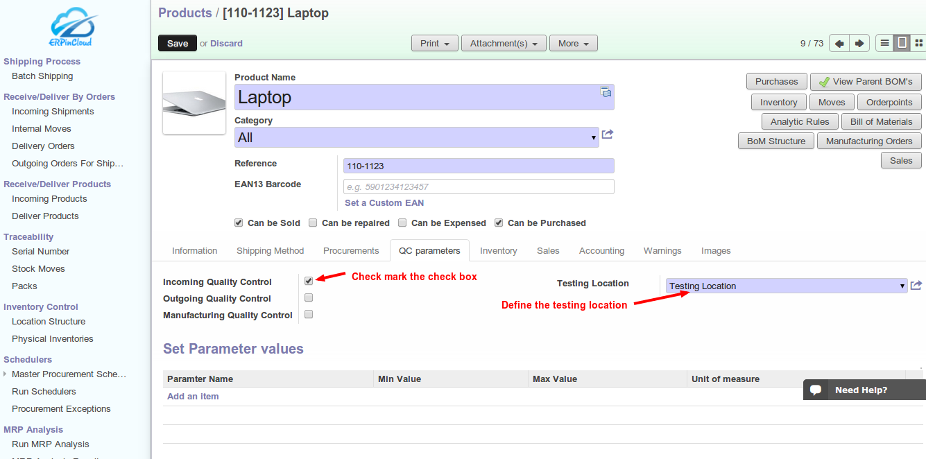 Products detail dashboard in Cloud Erp